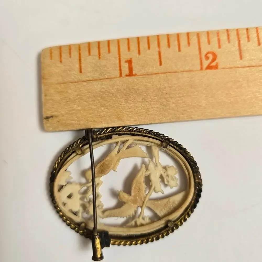 Depose France Celluloid Gold Tone Bird Oval Brooch Ornate Carved Antique Read